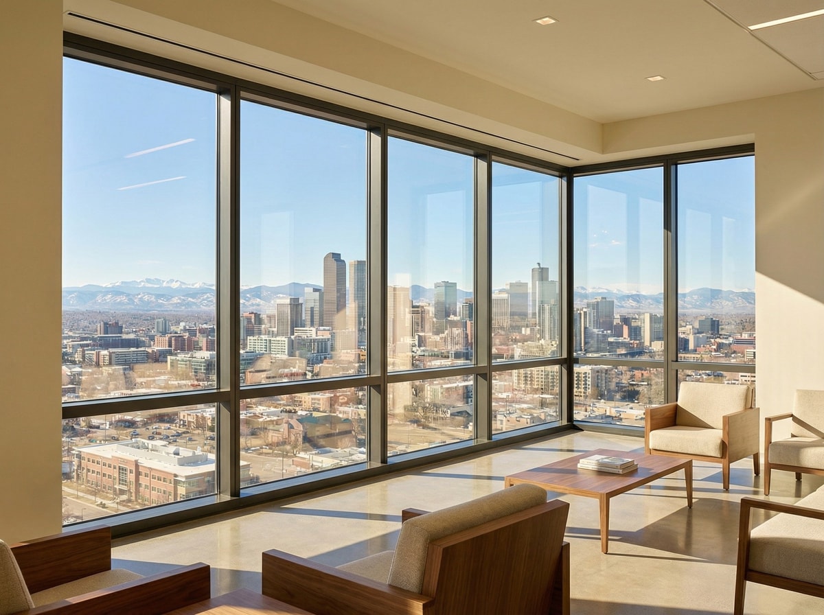 Streak-free commercial window cleaning results showing crystal-clear glass
