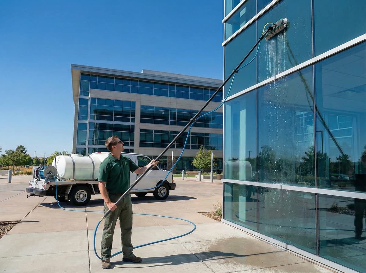 Water-fed pole system window cleaning reaching high commercial windows safely from ground level
